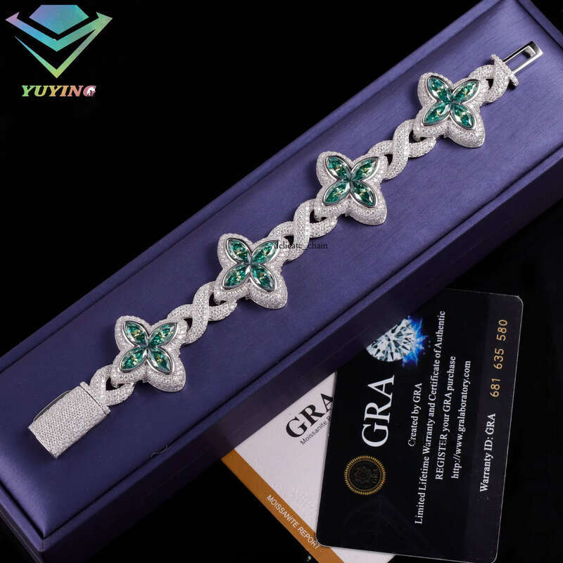 Jewelry Clover Green Diamond 925 Sterling Silver Gold Plated Cuban VVS Moissanite Bracelet with GRA Certificate