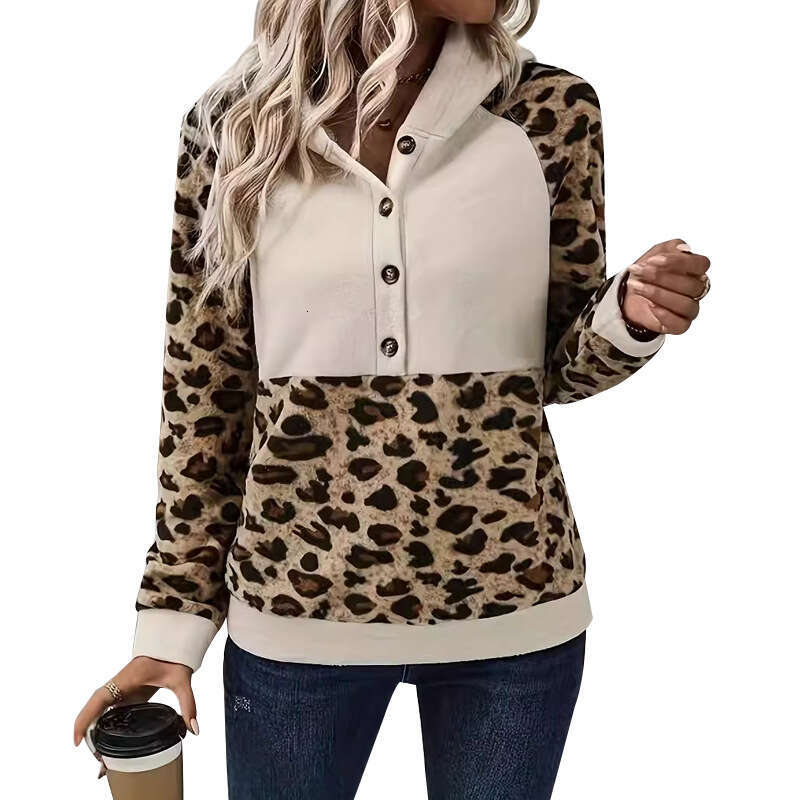 2026 New European and American Cross-Border Leopard Print Patchwork Hooded Long Sleeve Sweatshirt Versatile Slim Fit Top