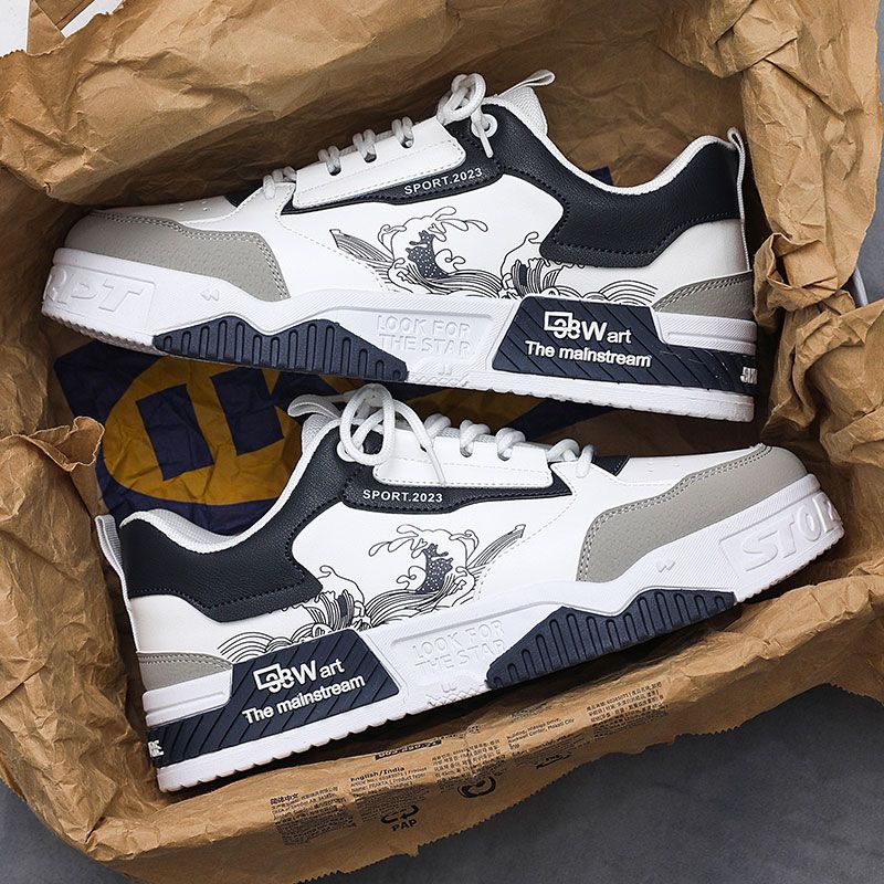 Free Shipping 2026 Art Wave Pattern Casual Sneakers - Beige White blue Trendy Board Shoes for Daily/Streetwear 39-44