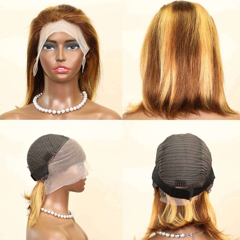 100% 13x4 Human Hair Lace Frontal Wig Brown Blonde Color Ready Wear Bob Wigs 200%Density For Women