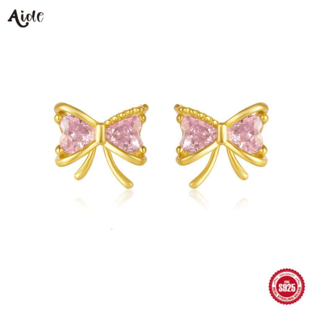 Aide 925 Sterling Silver Cute Bow Pink Zircon Piercing Stud Earrings For Women K Gold Elegant Sweet Bohemian Jewelry Party Gift