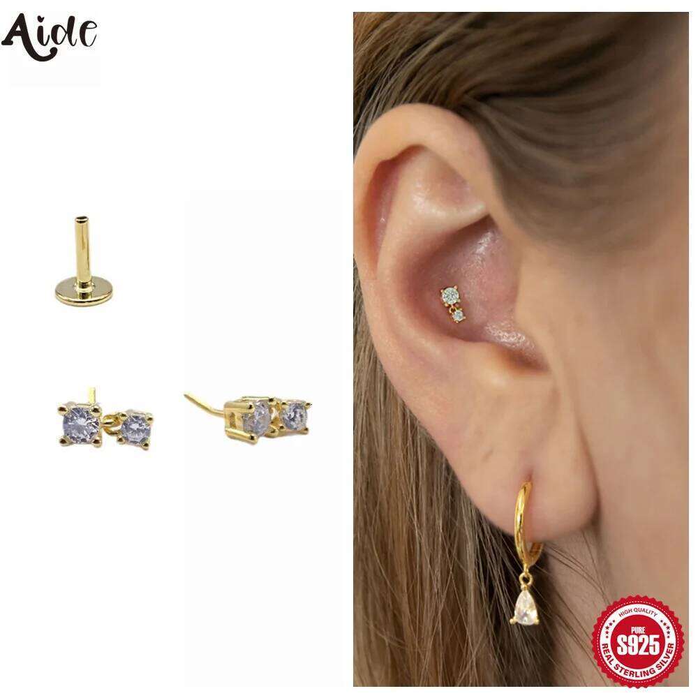 Aide Nose Stud Cartilage Piercing Jewelry 925 Sterling Silver Helix Tragus Lip Flat Back Tiny Earring for Women 16G