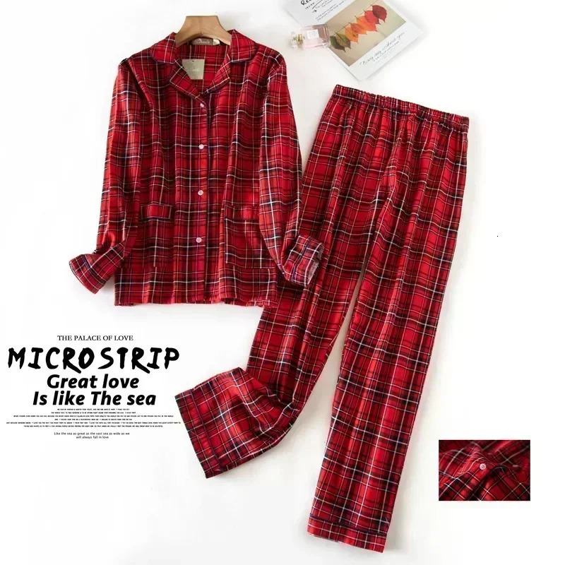 Womens Pajamas Plus Size SXXXL Clothes Ladies Flannel Cotton Home Wear Suit Autumn Winter Plaid Print Sleep Tops 251231