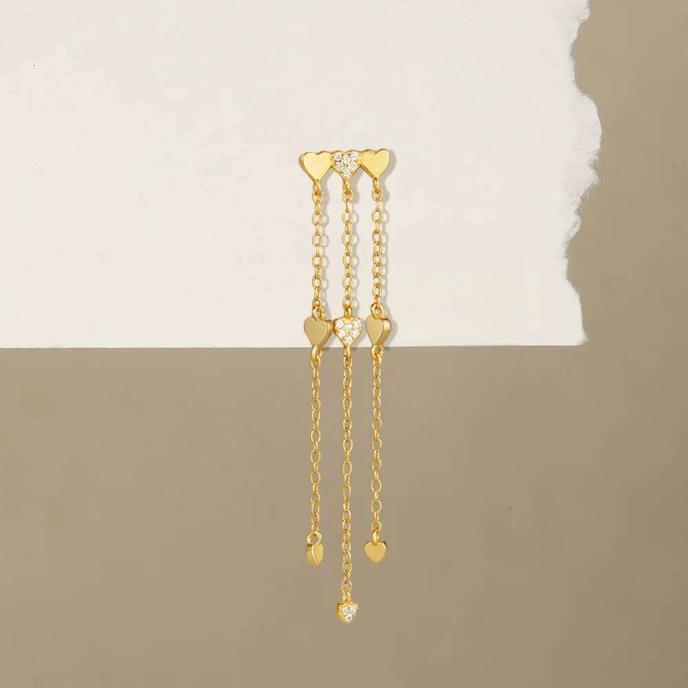 Aide 1pc 925 Sterling Silver Genuine Three Golden Love Heart Long Chain Drop Earring for Women Korean Ear Line Jewel
