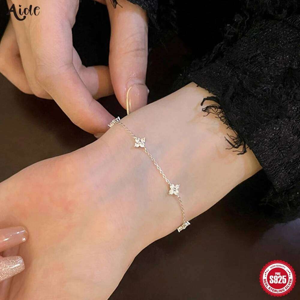 Aide Real S925 Sterling Silver Shinny White Zircon Chain Bracelets For Women Simple Luck Flower Bracelet Xmas Gift Jewelry Boho