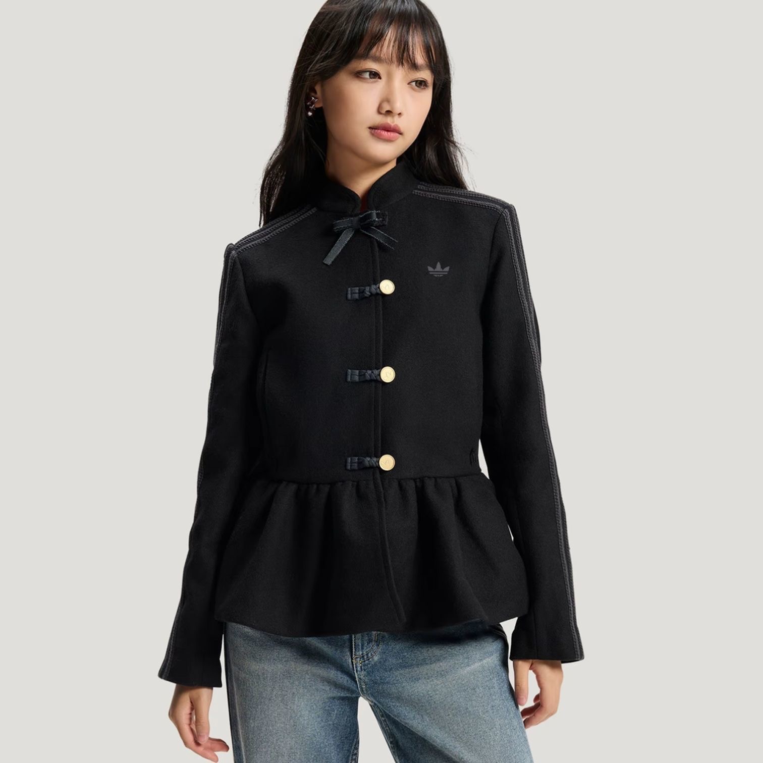 Women's Retro Chinese Frog Button Jacket Rust Red Textured Ruffled Peplum Hem Ribbed Sleeves Bow Collar Trendy Casual Outerwear sweatshirt couple women sudaderas