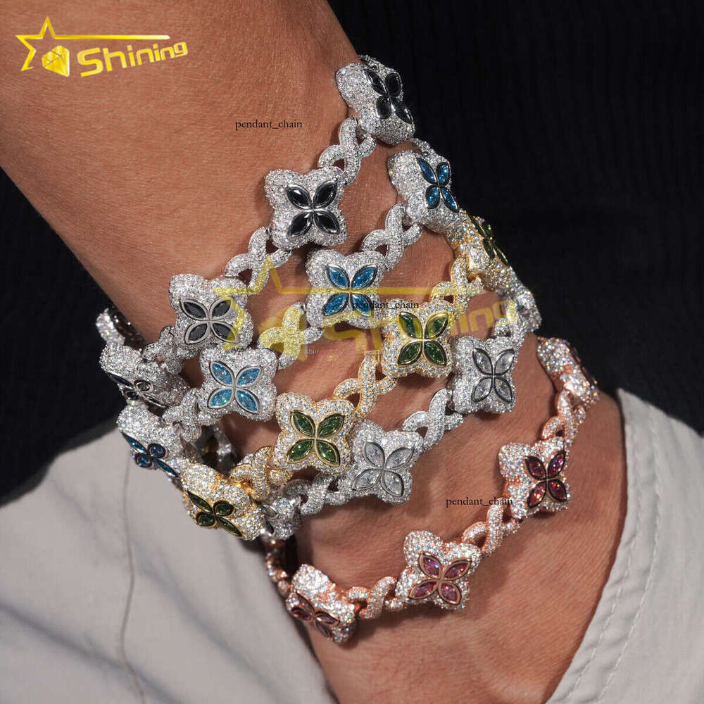 Charming Colorful Marquise Eye VVS Moissanite Four-Leaf Three-Leaf Clover 925 Silver Cuban Chain Men's Women's Jewelry Bracelet Bangle