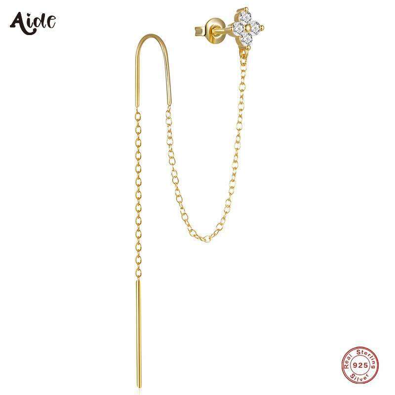 Aide 925 Sterling Silver Long Chain Flower Tassel Drop Earrings for Women Shining Zircon Dangle Earring Wedding Jewelly 1PC