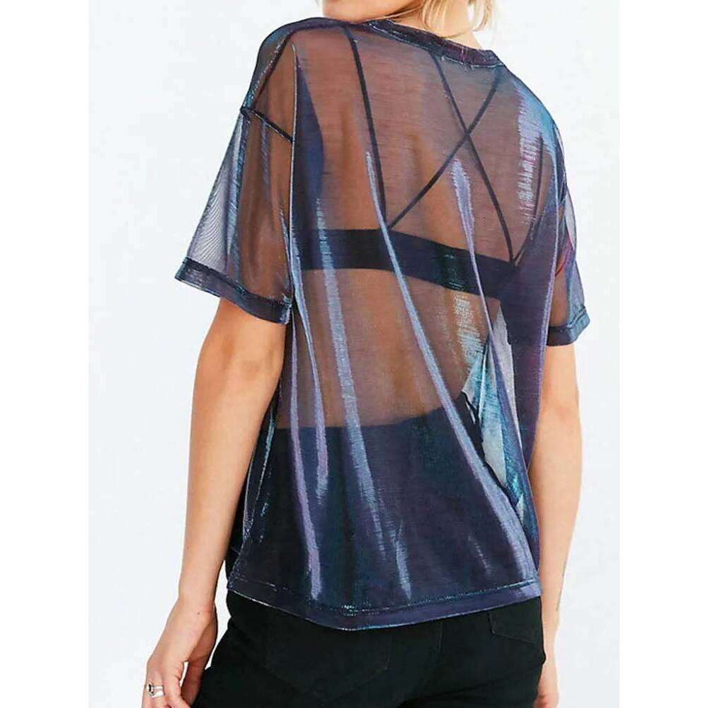 Sexy Mesh Blouse 2025 Summer See-Through Shirts Short Sleeve Perspective Shine Casual Women Tops Lady Vintage Blusas