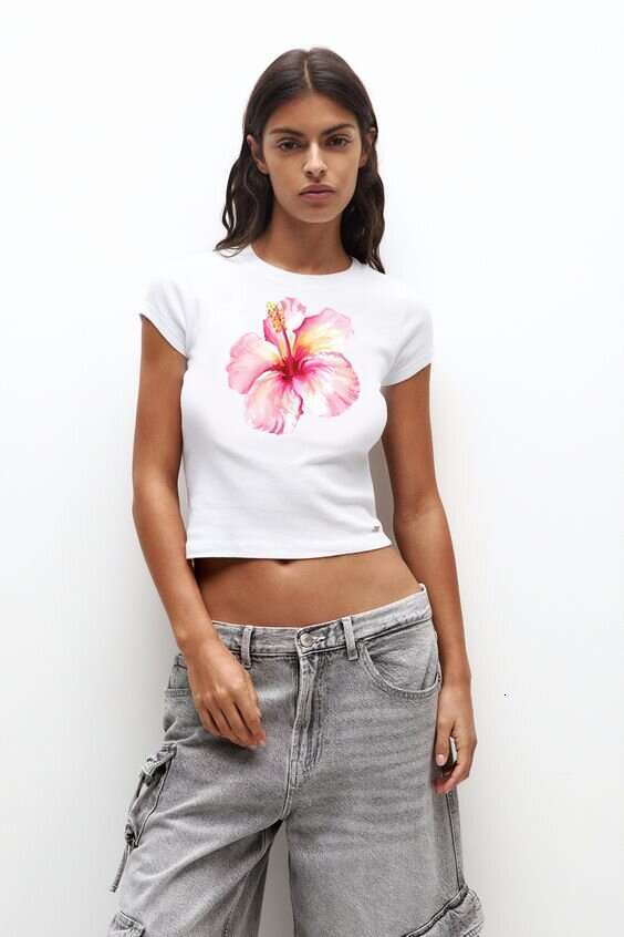 2026 Summer New Floral Print Cute Casual Versatile Top Commuting Fashion Solid Color Hot-Selling Short Sleeve T-Shirt