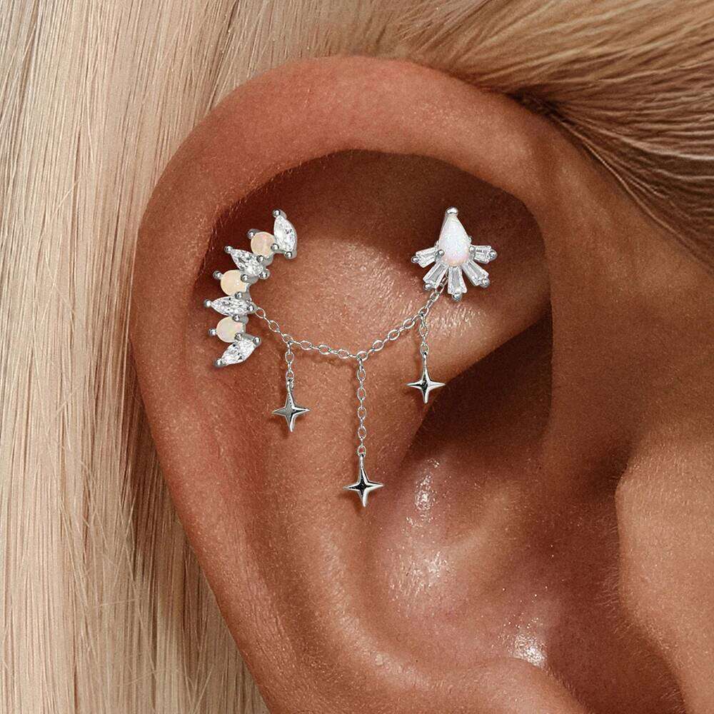 Aide S925 Sterling Silver Zircon Tassel Chain DIY Jewelry Star Teardrop Dangle Piercing Accessories for Layered Ear Looks