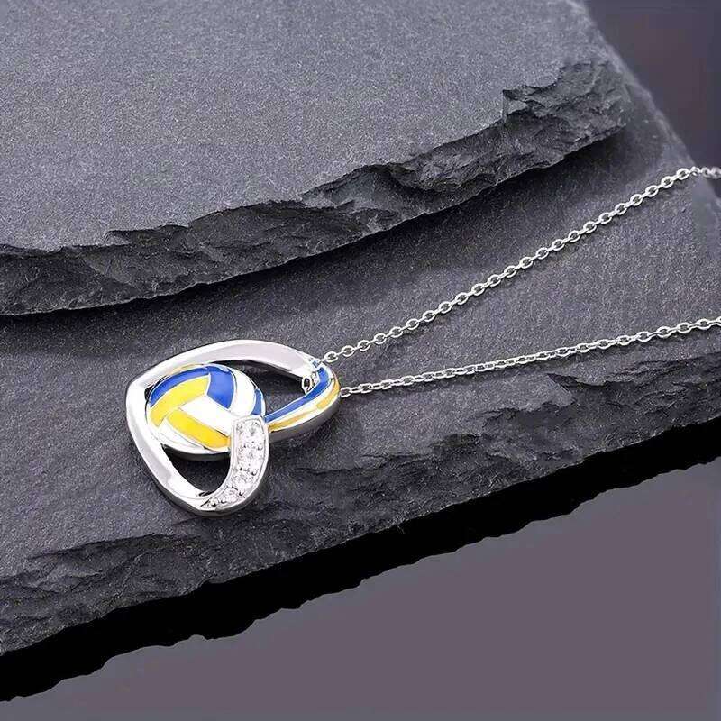 Huitan Trendy Volleyball Heart Pendant Necklace Teen Girls Accessories with Shiny Zirconia Fashion Female Daily Party Jewelry