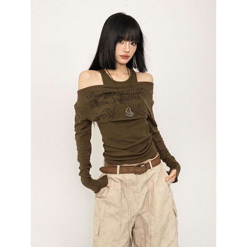 American Retro Print Off-Shoulder Long Sleeve T-Shirt for Women, Autumn New Style, Waist-Cinching Slimming Hot Girl Fake Two-Piece Top, Ins Style