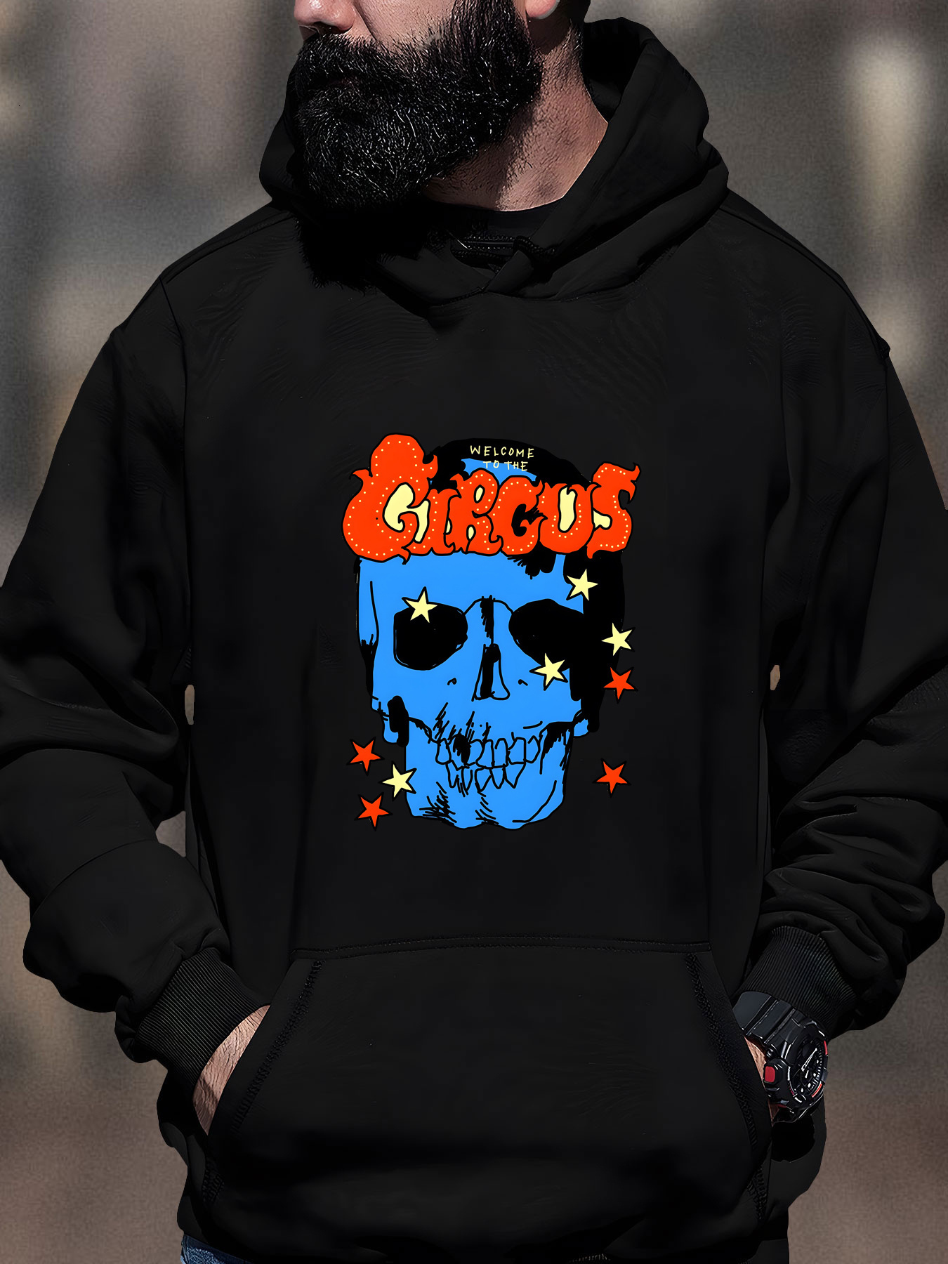 Men'S Navy Blue Graphic - "GIRGUS" Design with Fiery Orange Yellow Stars, Soft Polyester Blend, Front Pockets, Casual Long Sleeve for F