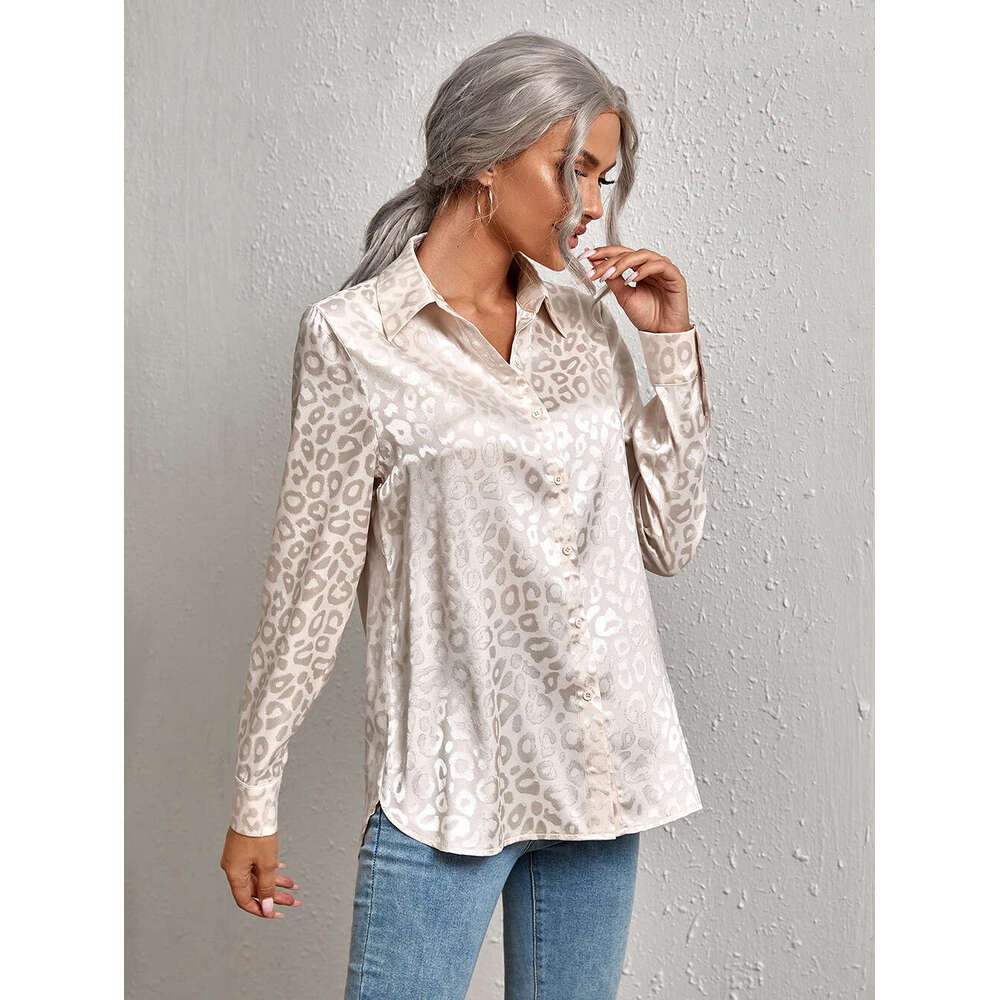 2026 European and American Cross-Border Women's Spring Summer New Turn-Down Collar Button Leopard Print Jacquard Elegant Commuter Long Sleeve Shi
