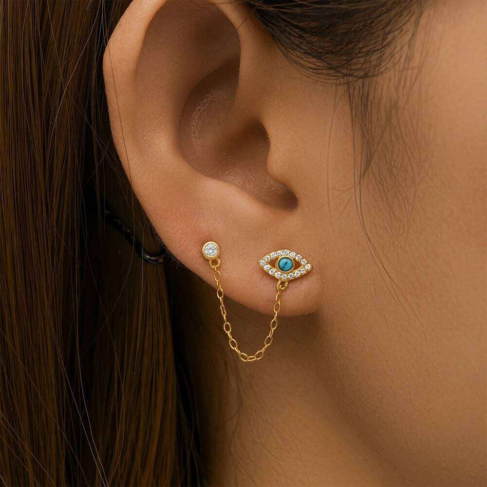 Aide 1 Pair 925 Sterling Silver Retro Turquoise Zircon Evil Eye Earrings For Women Two Studs Chain Cartilage Piercing Jewelry