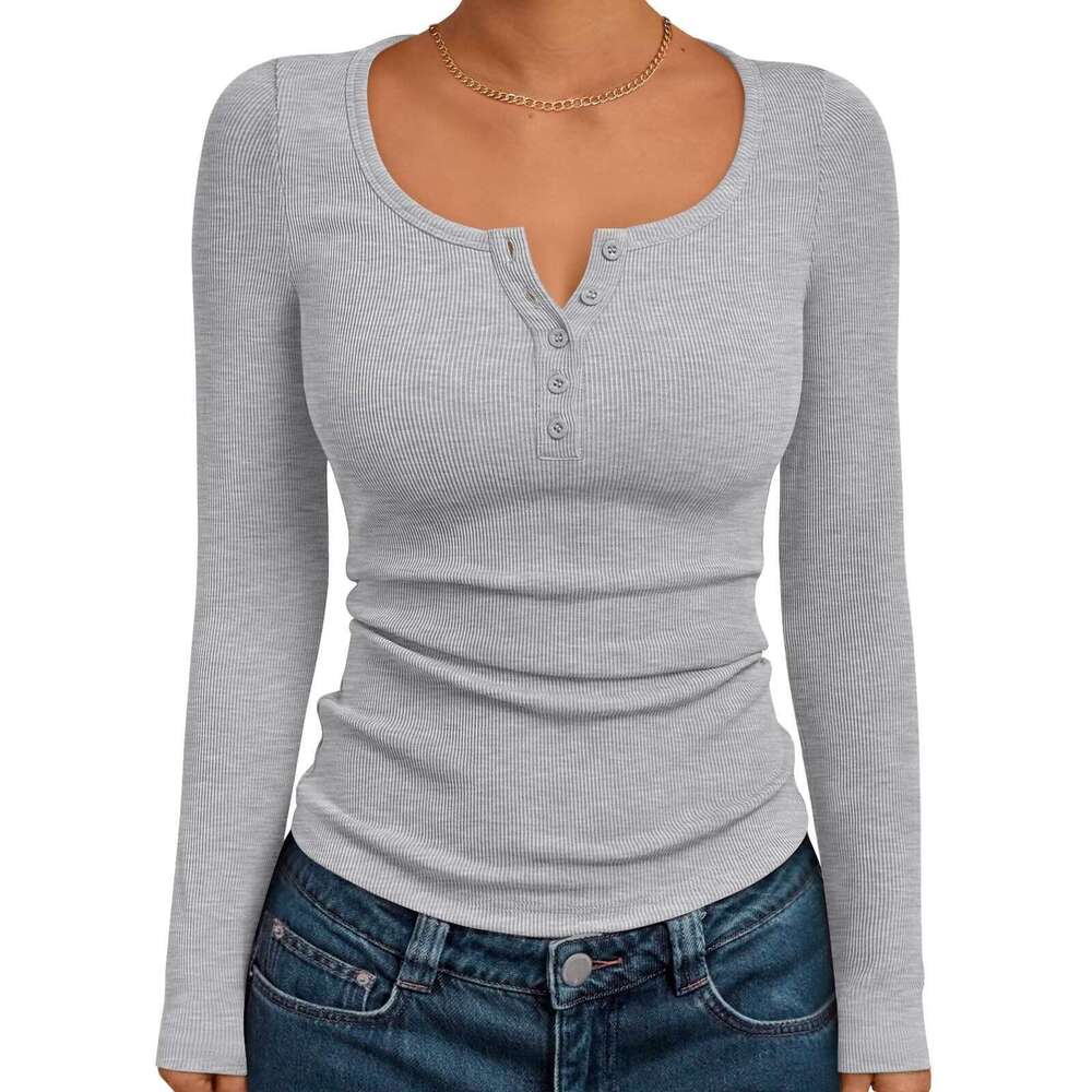 2026 Autumn New Fashion European and American Style Solid Color Button V-Neck Long Sleeve T-Shirt Women's Top Ribbed Knit