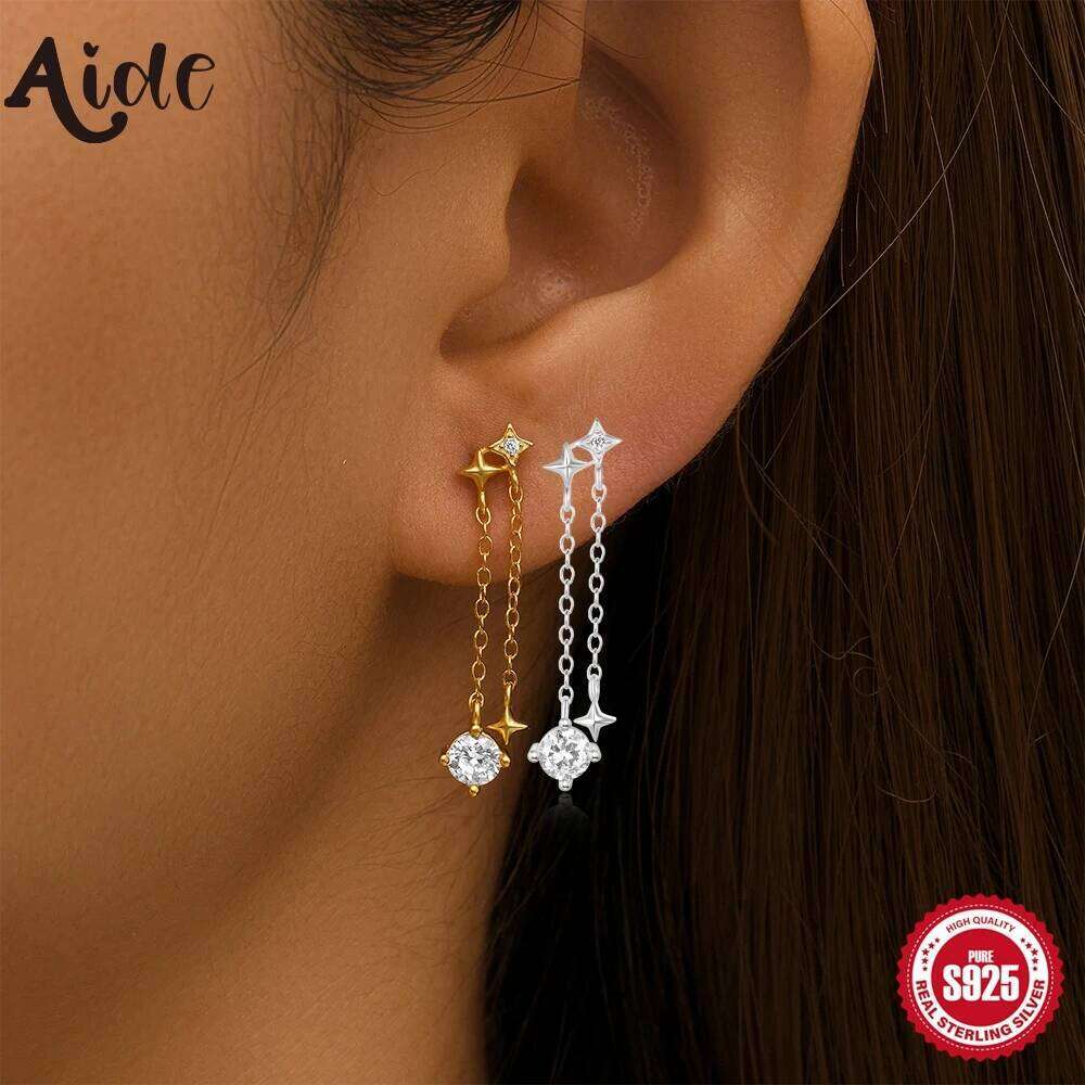 AIDE Genuine 925 Sterling Silver Shining Moon and Star Dangle 18K Gold Plated New Trends Chains Earrings Studs Jewelry