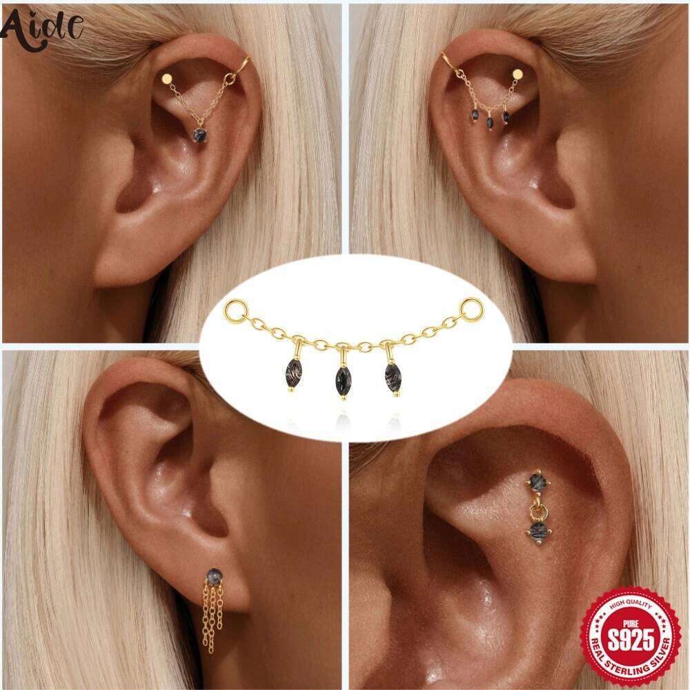 Aide 925 Sterling Silver Natural Black Hair Quartz Design Piercing Ear Studs Sparkling CZ Stud Earrings For Women Jewelry 1pc