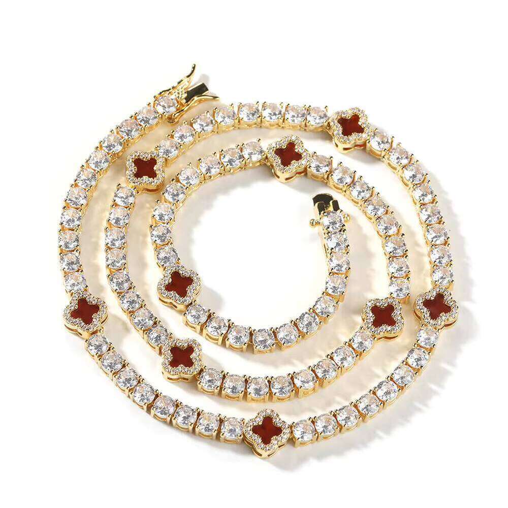 VVS Moissanite New Arrival Party Accessories Full Iced Out Pearlescent 4mm Straight Pull Red Clover Necklace Agate Rhodium Plated Fashion Tennis Chain
