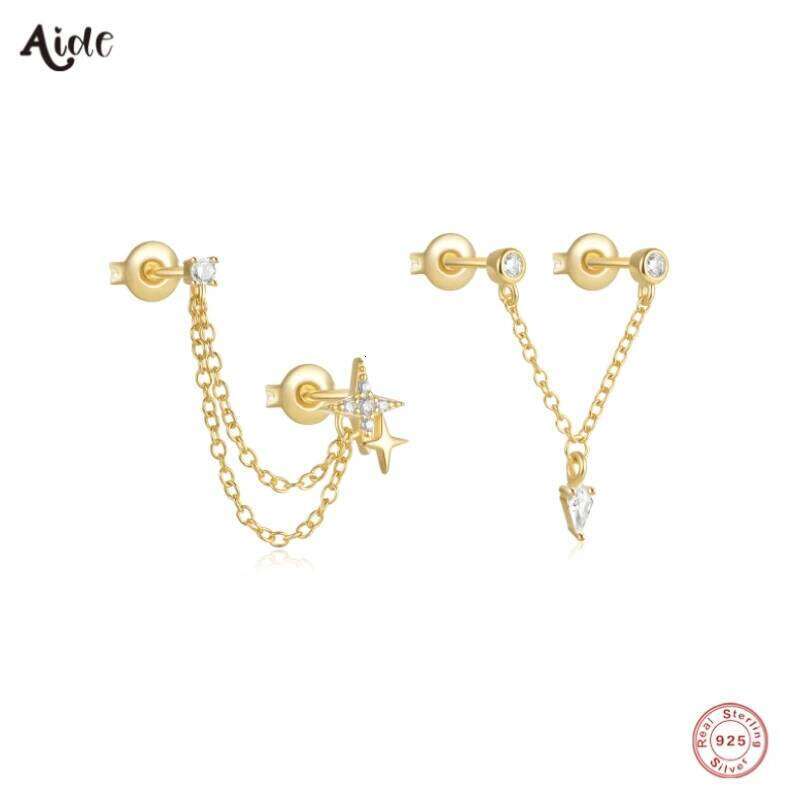 Aide 925 Sterling Silver 1pc Mini Zircon Tassel Long Chain Dangling Stud Earring For Women Minimalist Elegant Jewelry Party Gift