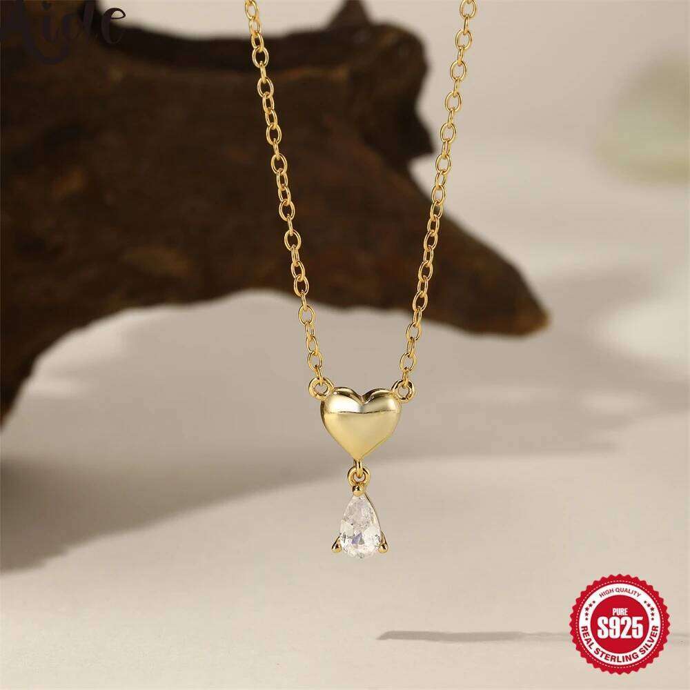 Aide 925 Sterling Silver Necklaces Cute Heart Korean Fashion Style Chain Necklace For Women Jewel Water-drop Collar Pendant Gift