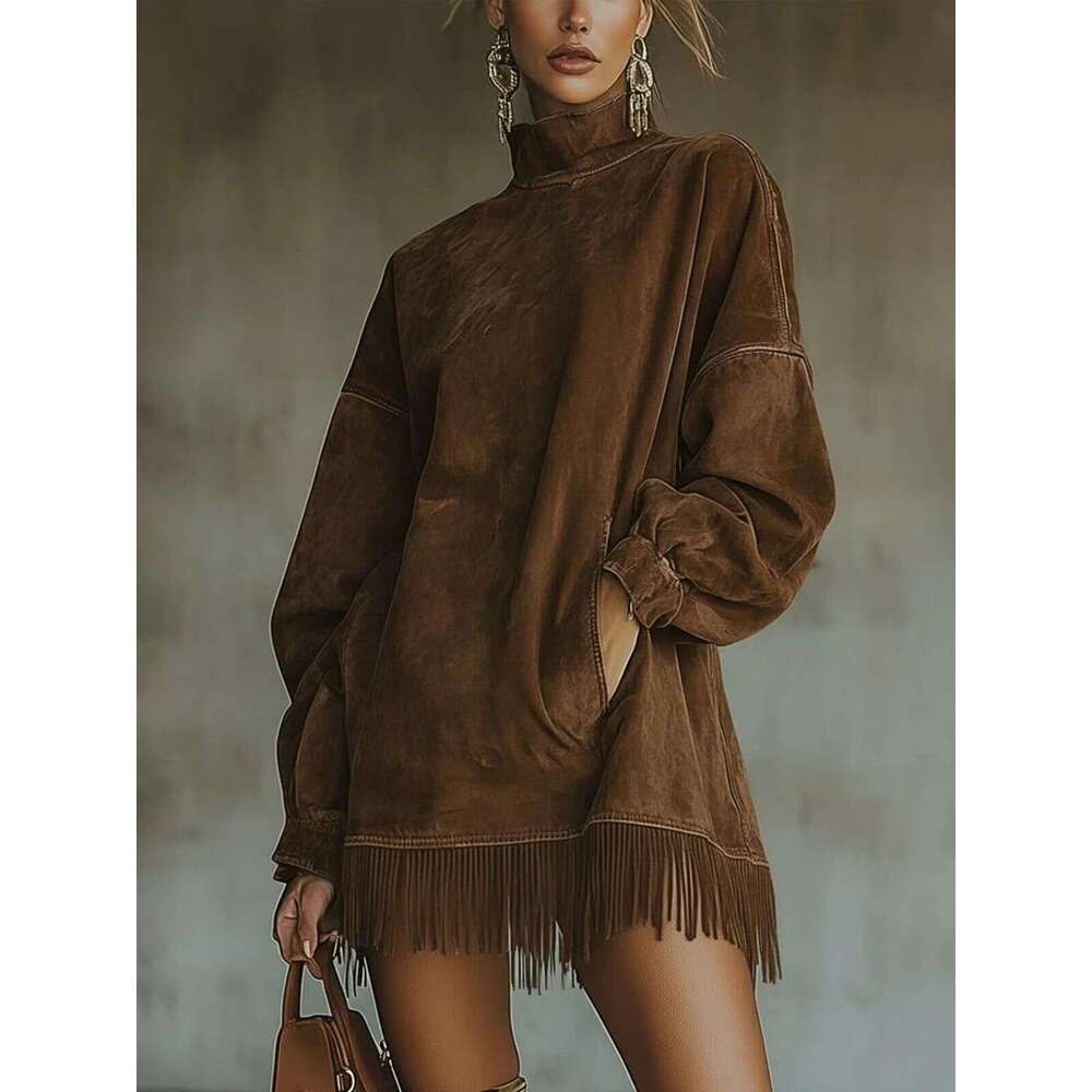 In Stock 2025 Autumn Winter New Style Stand Collar Loose Pocket Tassel Long Sleeve Suede Dress