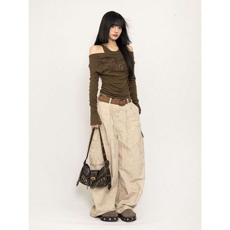 American Retro Print Off-Shoulder Long Sleeve T-Shirt for Women, Autumn New Style, Waist-Cinching Slimming Hot Girl Fake Two-Piece Top, Ins Style