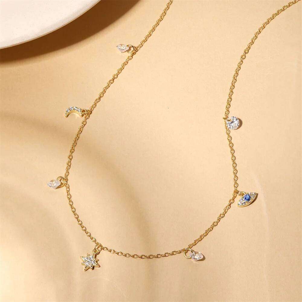 Aide S925 Sterling Silver Classic Star & Moon Women's Clavicle Necklaces Blue Eye Zircon Dangle Dainty Chokers Chain Jewelry