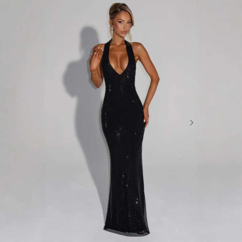 Sexy Deep V Sleeveless Halter for Women 2025 Summer New Elegant Sequin Backless Waist-Cinching Bodycon Dress