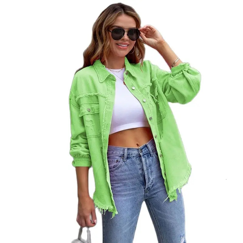 Spring Autumn Shirt Style Denim Jacket Women Holes Rawedges Jeancoat Casual Tops Female Oversize Loose Outerwear 7 Colors 251229