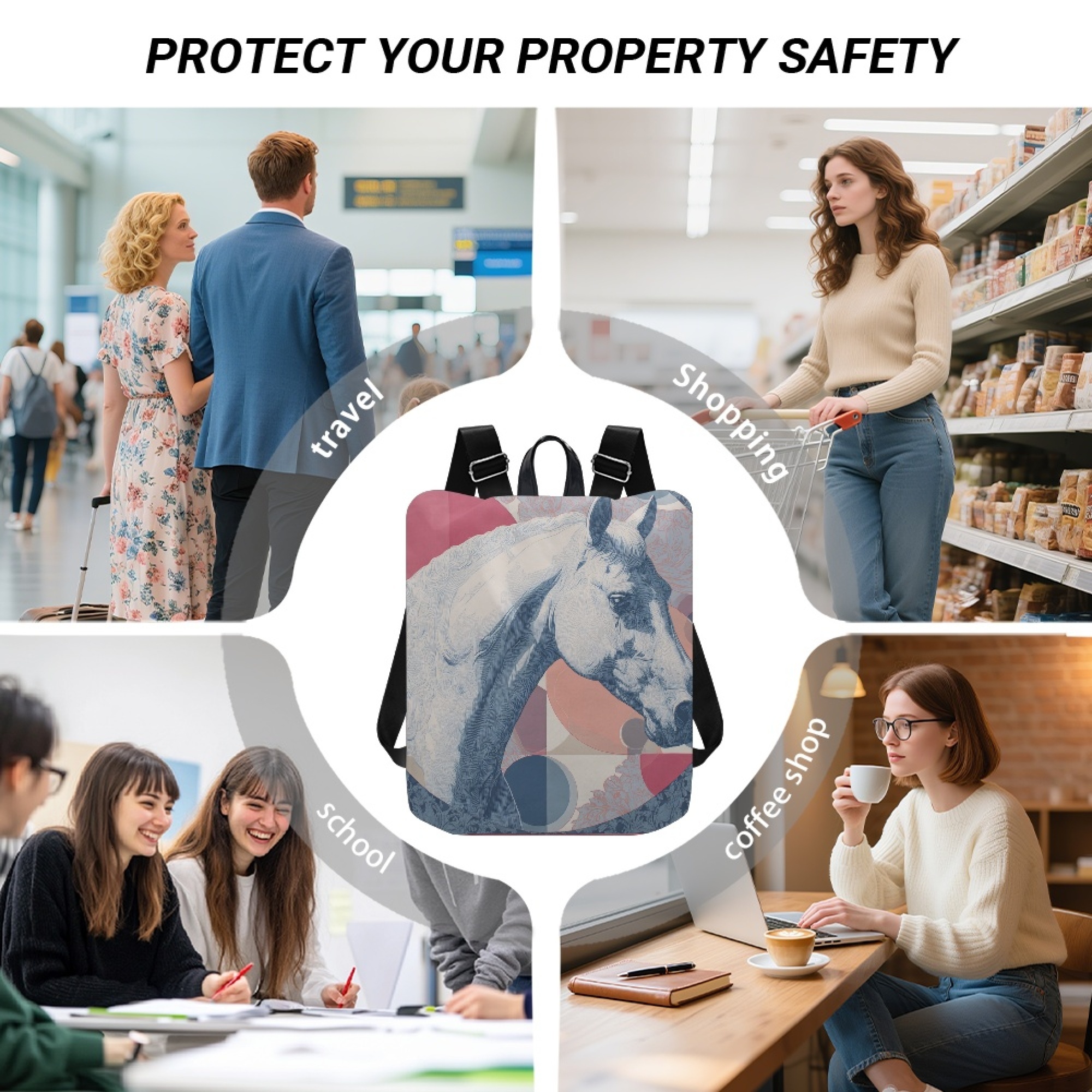 Custom H Designer Fashion Anti Theft Backpack Luxury Horse Pattern Unisex Full Print Backpack Laptop Bag Travel Bag H24