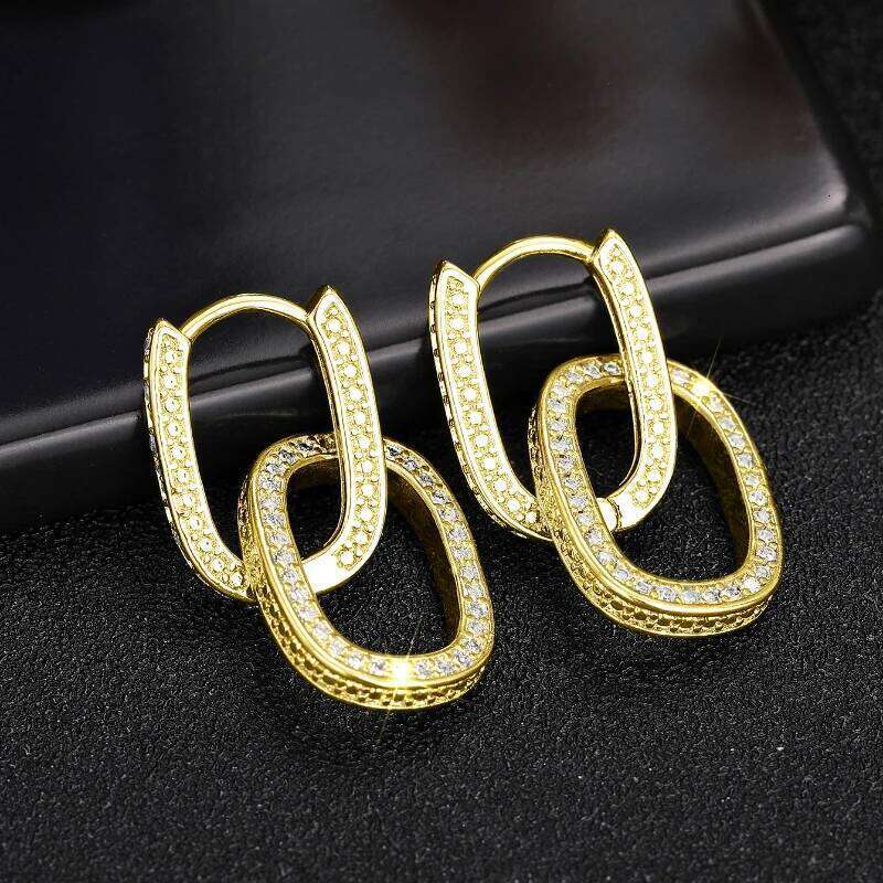 Huitan Geometric Oval Double Hoop Drop Earrings Lady Modern Fashion Jewelry with Bright Zirconia Trendy Accessories Gift