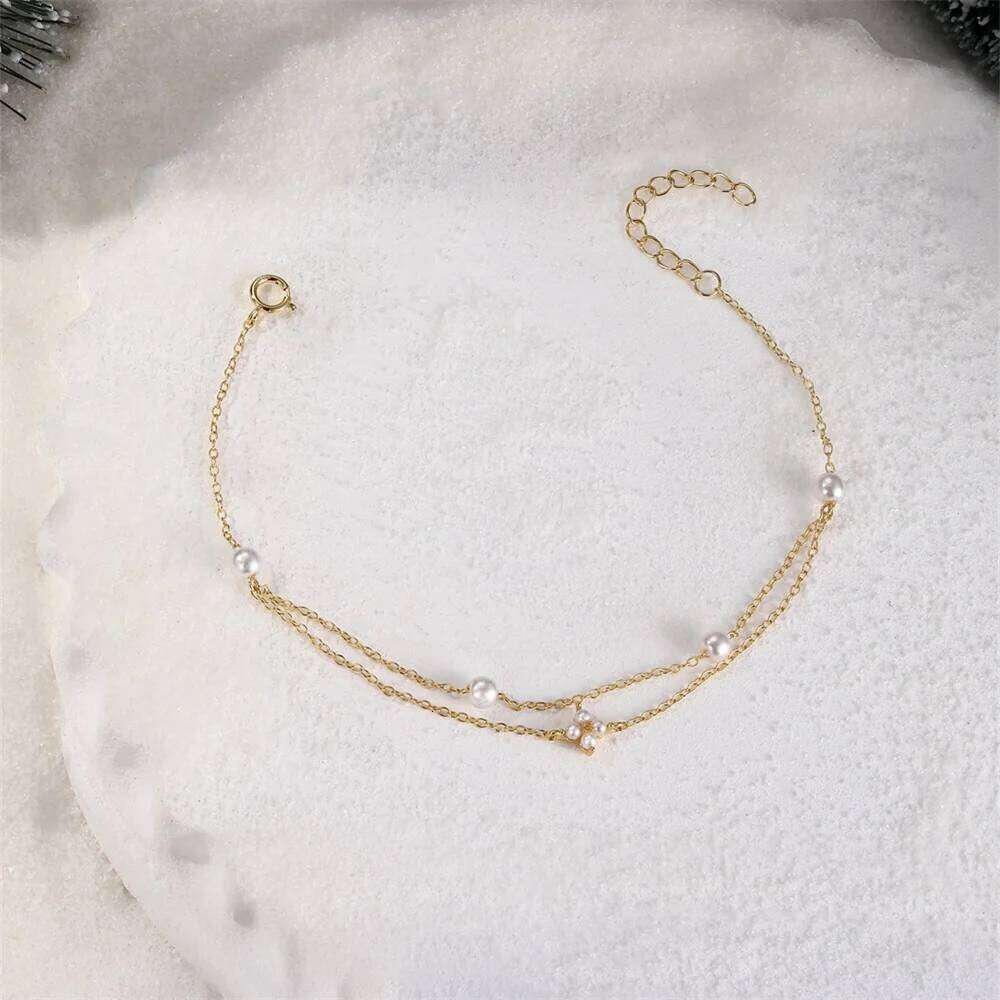 Aide Girls Chain for Women 925 Sterling Silver Double Layer Bracelet Exquisite Pearl Zircon Xmas Party Gifts Jewelry