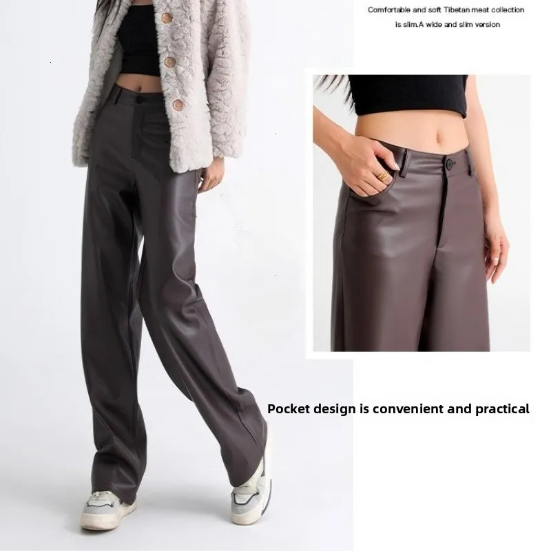 Trendy Fall Winter Fleece Loose Wide Leg Warm Leather Pants Women Button Pocket High Waist Thick PU Casual Straight 251231