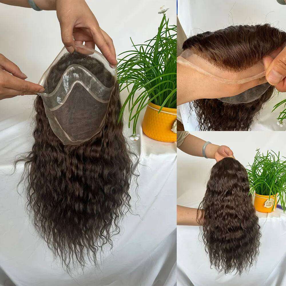 Durable Hair System For French Lace Front Mens Wavy 8"x10"Hairpiece Natural Hairline Fine Mono Toupee for Men