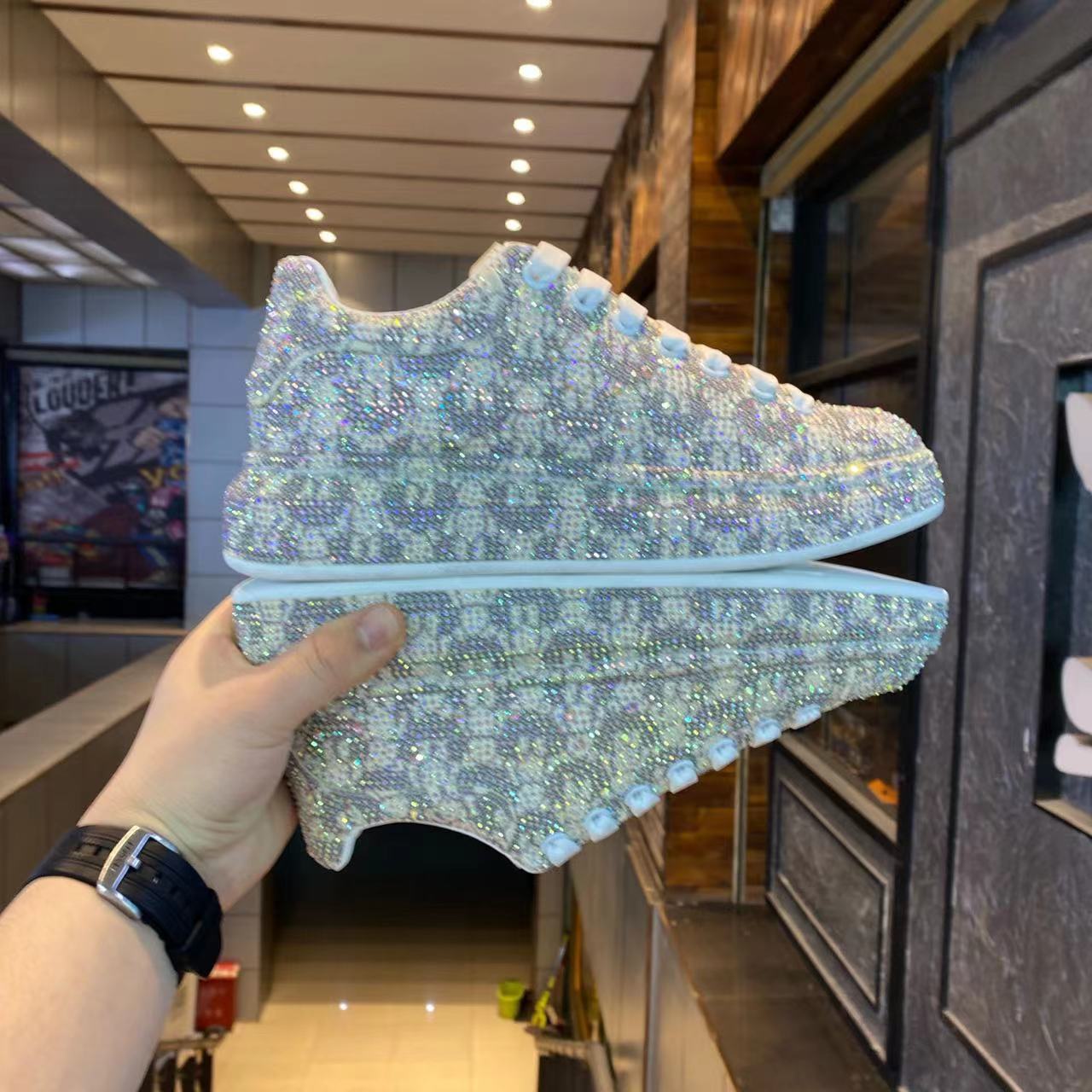 Free Shipping 2026 Spring Men's Platform Sneakers, High-End Fully Rhinestone Streetwear Shoes, Hot Fix Crystal Bestseller Casual Shoes