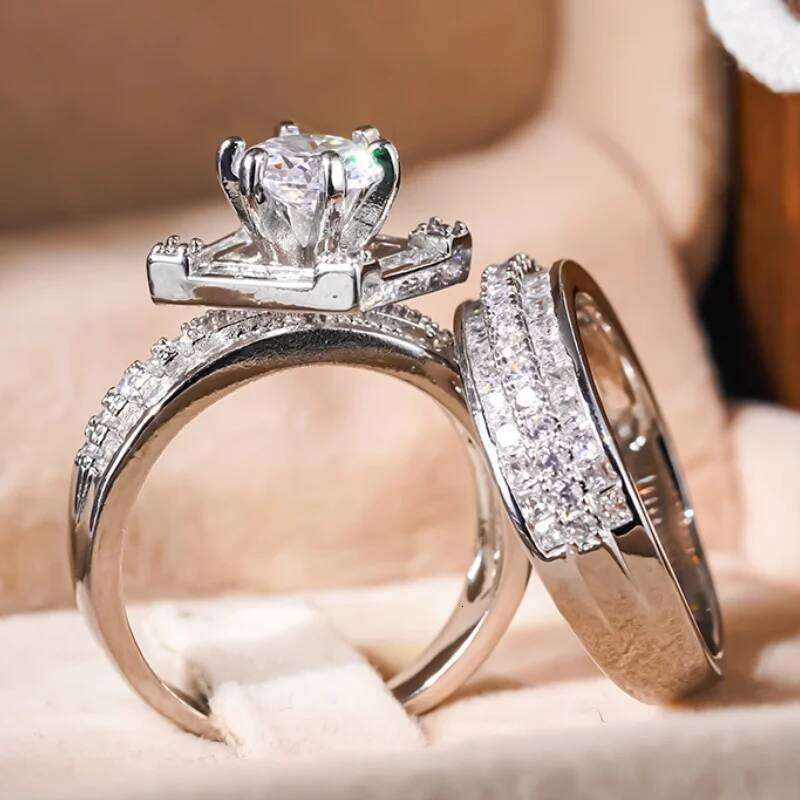 Huitan Graceful 2Pcs Set Rings Sparkling Luxury Cubic Zirconia Finger Accessories for Wedding Engagement Chic Fashion Jewelry