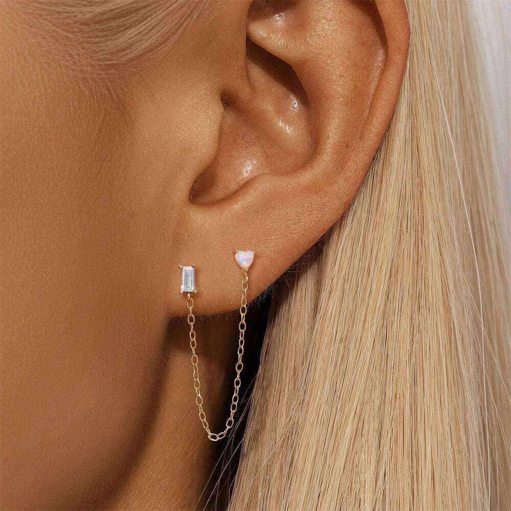 Aide 925 Sterling Silver Double Hole Link Chain Square Ear Stud Earrings for Women Gold Color Flower Cartilage Piercing Jewelry