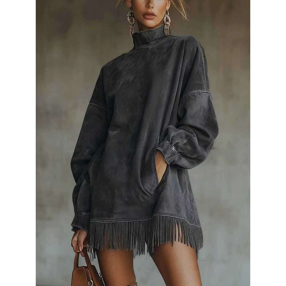 In Stock 2025 Autumn Winter New Style Stand Collar Loose Pocket Tassel Long Sleeve Suede Dress