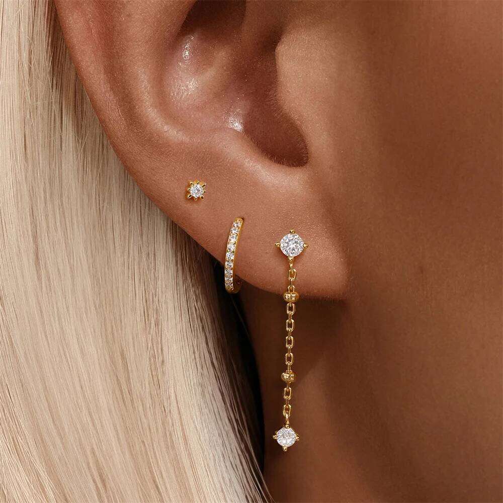 Aide 925 Sterling Silver 3pcs Earrings for Women Classic Zircon Geometric Crystal Layering Stud Earring Daily Jewelry Set
