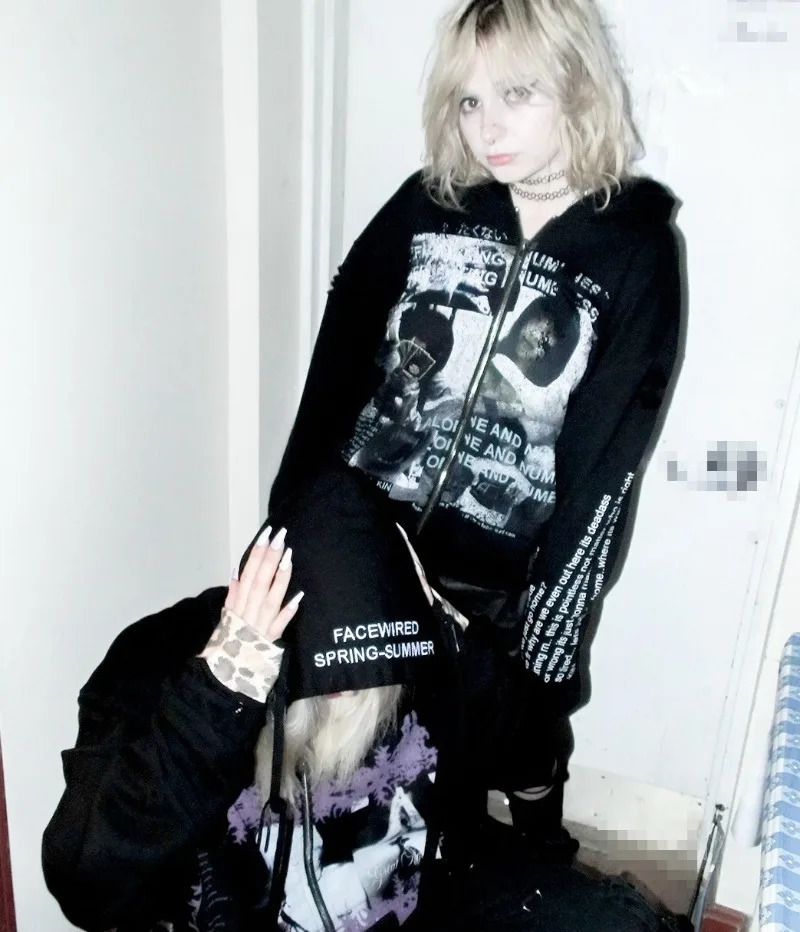 Vintage Streetwear Y2K Harajuku Gothic Punk Letter Print Zipper Hoodie Women Trendy High Street Casual Oversized Sweatshirt Men 251224