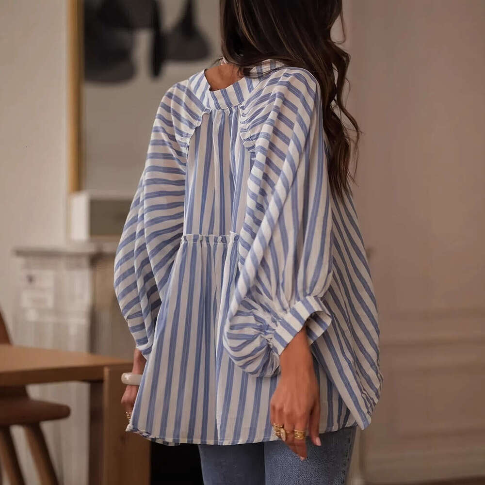 Foreign Trade Summer Long Sleeve Striped Slimming Casual Loose Women's Shirt Top