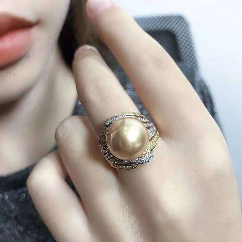 Huitan Gorgeous Champagne Imitation Pearl Rings for Women Two Tone Full CZ Luxury Trendy Wedding Engagement Jewelry New Arrival
