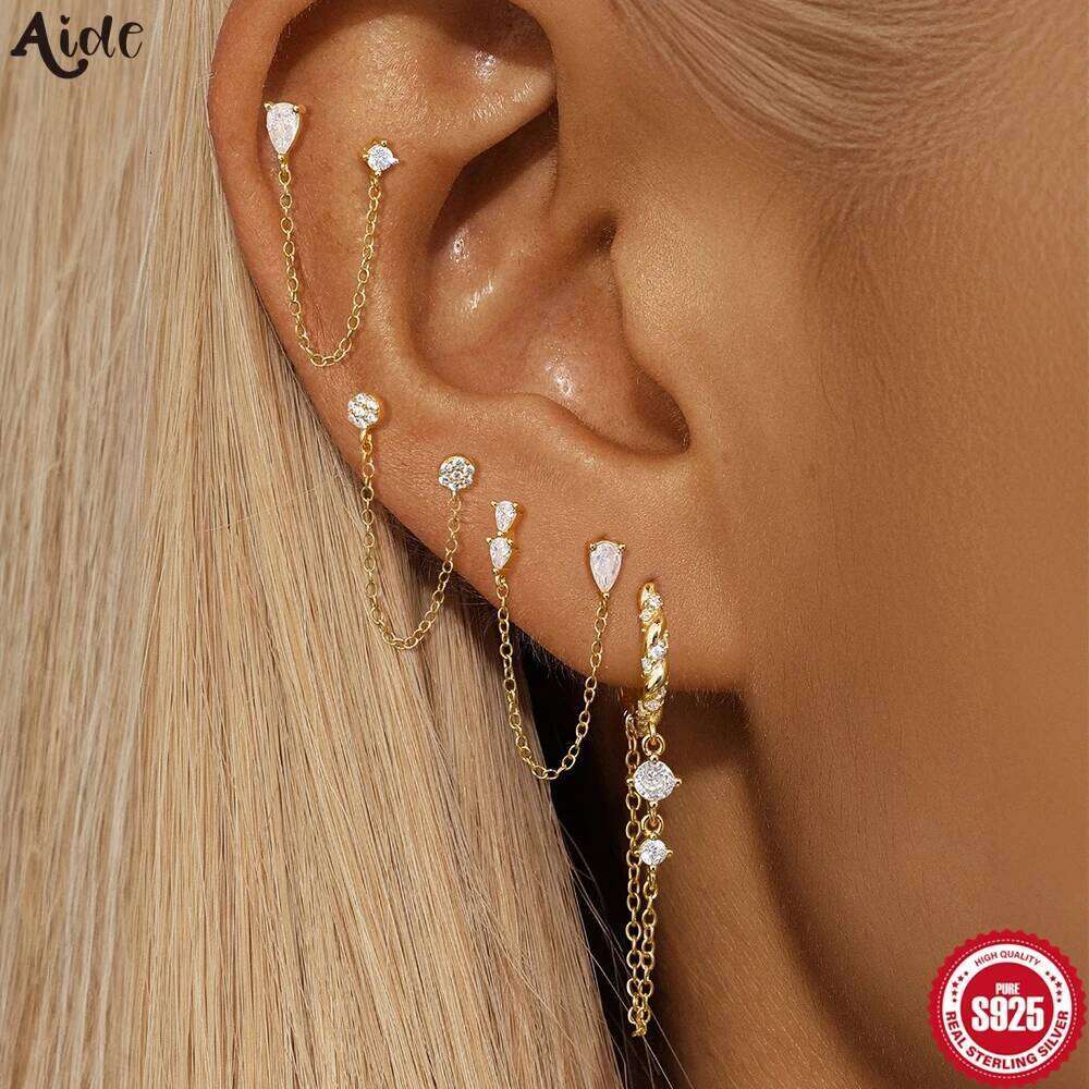 Aide 925 Sterling Silver Single 1pc Crystal Tassel Piercing Earring For Women Shiny Rhinestone Chain Cartilage Stud Jewelry