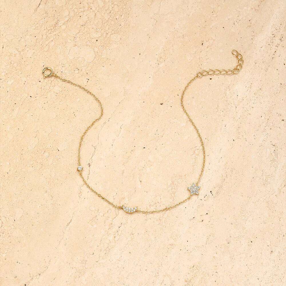 Aide 925 Sterling Silver Star Moon Pendant Girl Trendy Elegant Shiny Zirconia Adjustable Chain Bracelet Women Jewelry