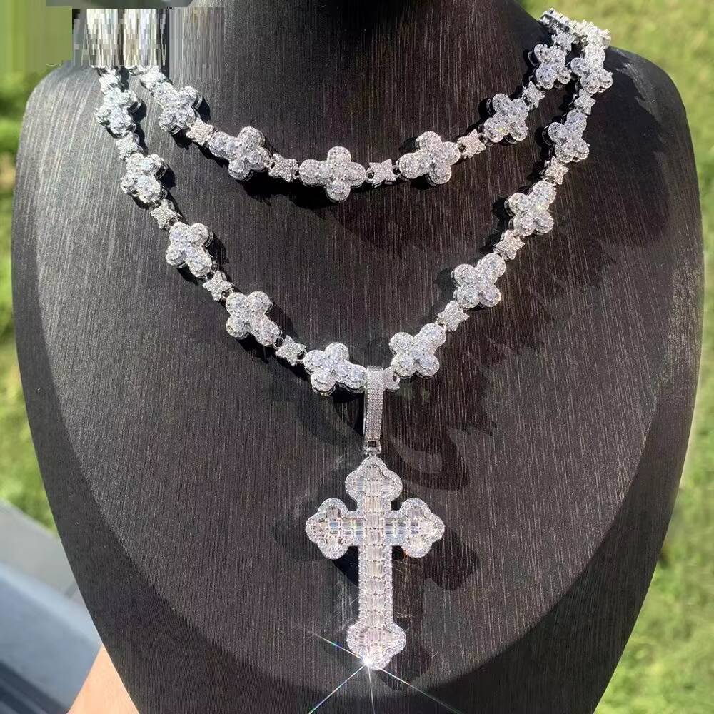In Stock Iced Out Bling Rectangle Cubic MoissaniteVVSia Moissanite Hip Hop Cross Pendant Necklace Cross Chain Fine Jewelry Set for Men