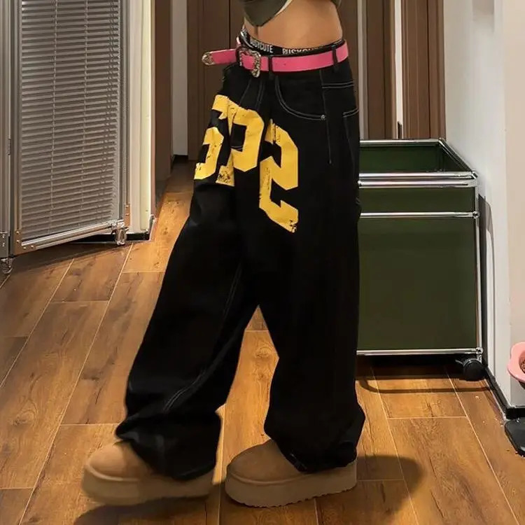 Letter Printed Baggy Jeans Women Clothing Street Fashion Hip Hop Retro High Waisted Woman Casual Wide Leg Y2k Pants 251231