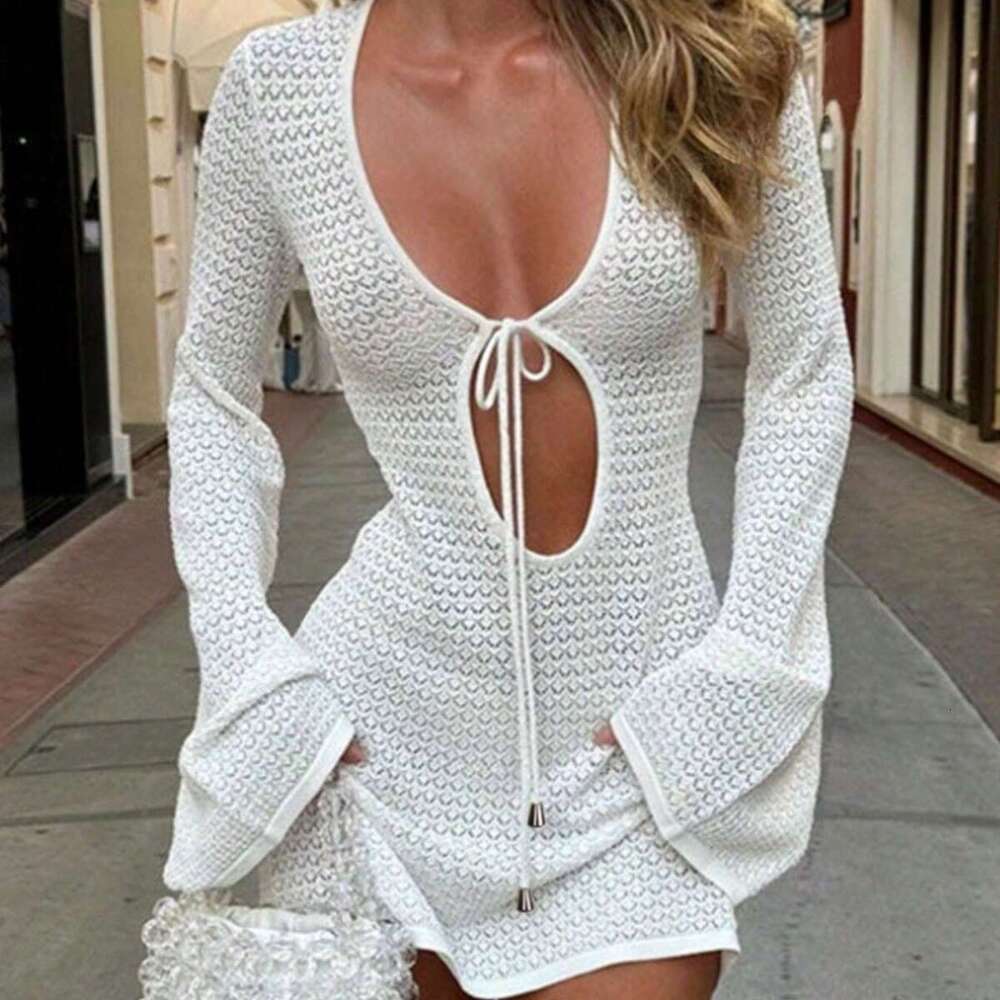 European And American Beach Dress Sexy Hollow Out See-Through Knitted Long Sleeve Bikini Swimsuit Cover-Up Sun Protection Clothing For Women Luanyun