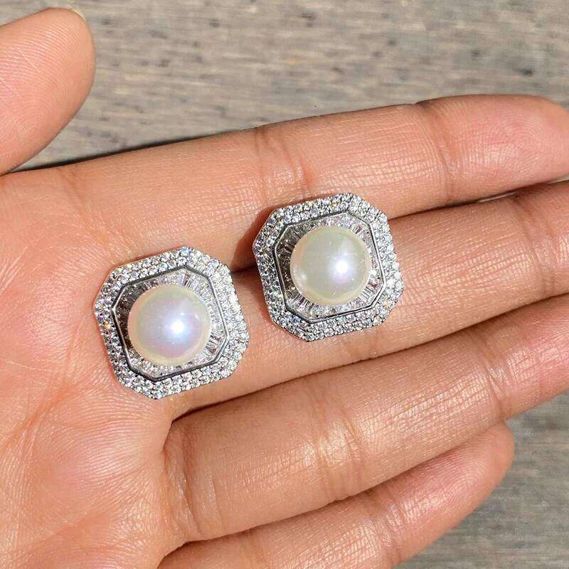 Huitan Gorgeous Square Shaped Stud Earrings with Imitation Pearl Full Sparkling Cubic Zircon Wedding Party Luxury Trendy Jewelry